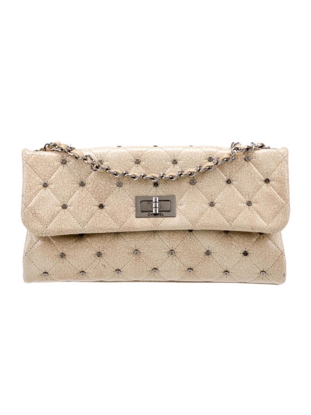 Chanel Vintage Studded CC Reissue Crackle Effect Flap Bag in Tan / Beige
